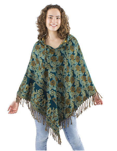 Acrylic triangle fringed Jacqart poncho with roses
