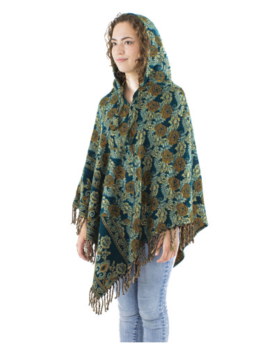Acrylic triangle fringed Jacqart poncho with roses