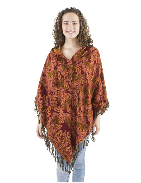 Acrylic triangle fringed Jacqart poncho with roses