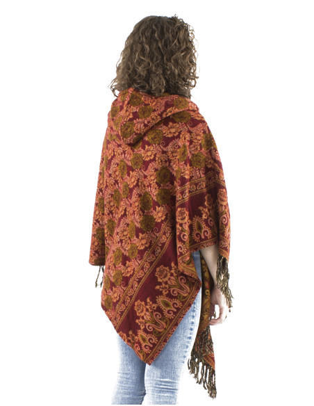 Acrylic triangle fringed Jacqart poncho with roses