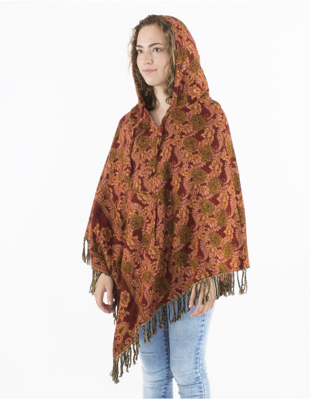 Acrylic triangle fringed Jacqart poncho with roses