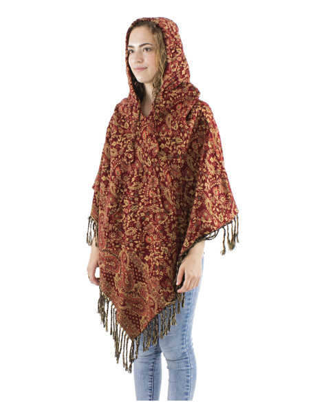Acrylic triangle fringed Jacqart poncho with Cachemire print