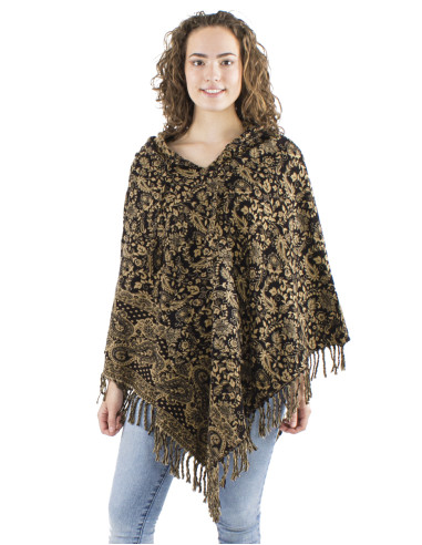Acrylic triangle fringed Jacqart poncho with Cachemire print