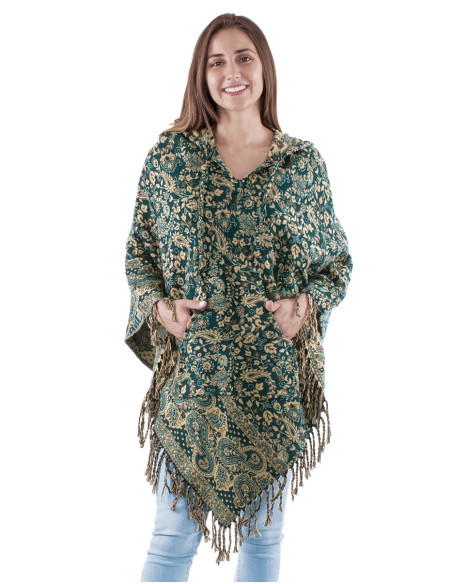 Acrylic triangle fringed Jacqart poncho with Cachemire print