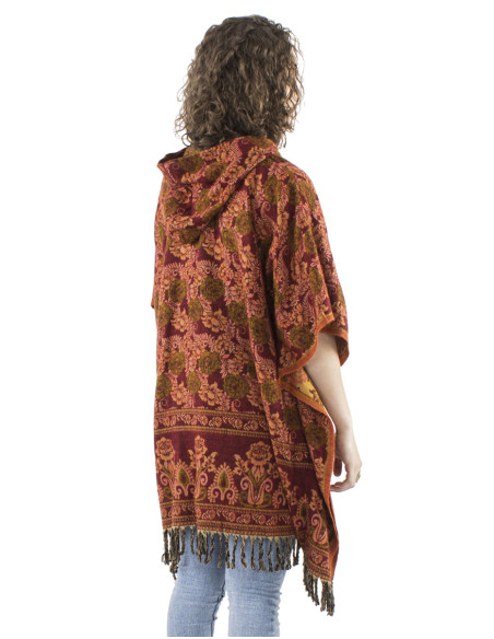 Poncho acrylique carré franges Jacquart roses avec capuche