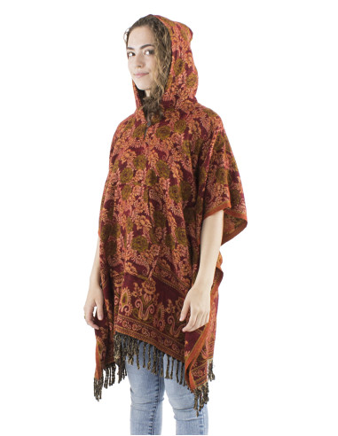 Poncho acrylique carré franges Jacquart roses avec capuche