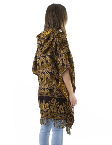 Poncho acrylique carré franges Jacquart roses avec capuche