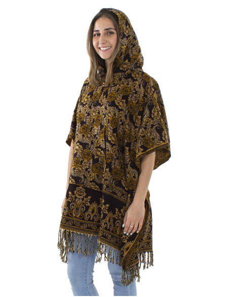 Poncho acrylique carré franges Jacquart roses avec capuche