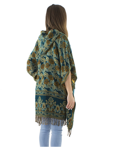Poncho acrylique carré franges Jacquart roses avec capuche
