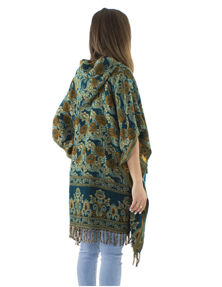 Poncho acrylique carré franges Jacquart roses avec capuche