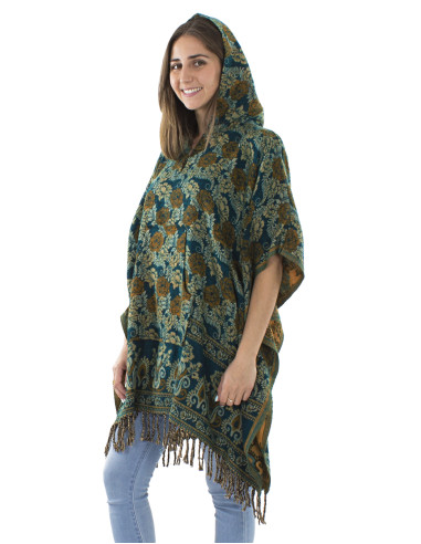 Poncho acrylique carré franges Jacquart roses avec capuche