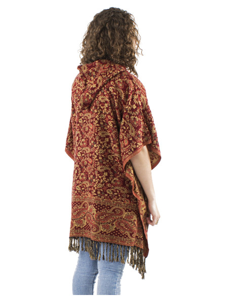 Acrylic fringed square poncho with hood and Cachemire print