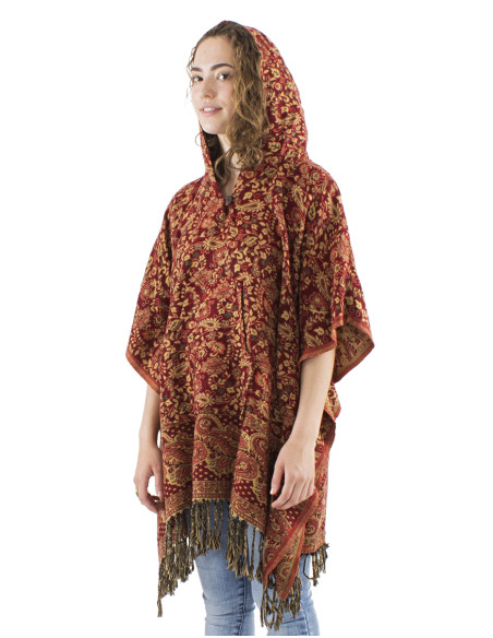 Acrylic fringed square poncho with hood and Cachemire print