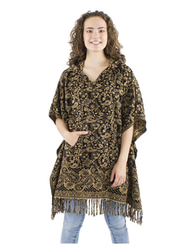 Acrylic fringed square poncho with hood and Cachemire print