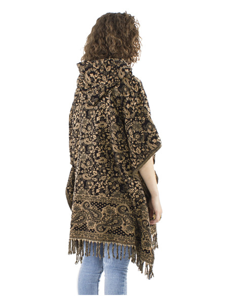 Acrylic fringed square poncho with hood and Cachemire print
