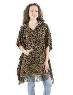 Poncho acrylique carré franges Jacquart motif cachemire avec capuche 2