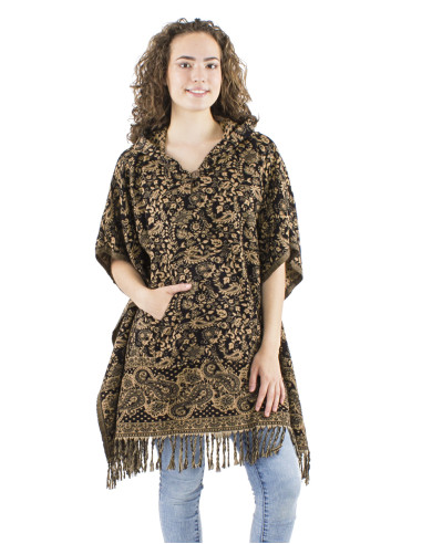 Acrylic fringed square poncho with hood and Cachemire print