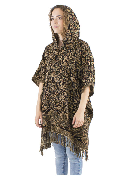 Acrylic fringed square poncho with hood and Cachemire print