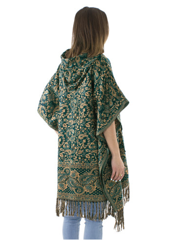 Acrylic fringed square poncho with hood and Cachemire print