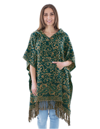 Acrylic fringed square poncho with hood and Cachemire print
