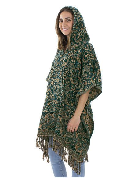 Acrylic fringed square poncho with hood and Cachemire print