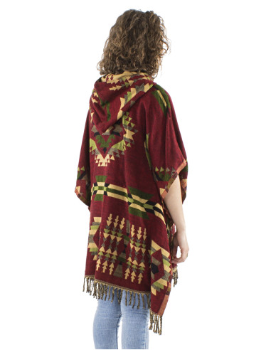 Poncho acrylique carré franges Jacquart géométrique avec capuche