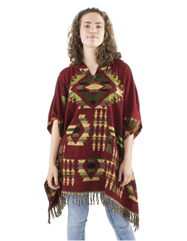 Ancrylic geometric fringed square poncho with hood