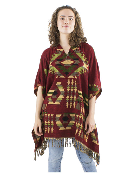 Poncho acrylique carré franges Jacquart géométrique avec capuche