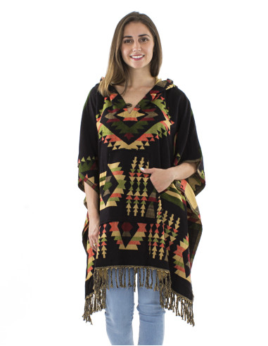 Poncho acrylique carré franges Jacquart géométrique avec capuche