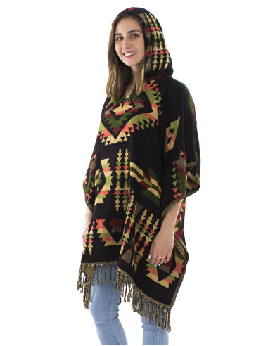 Poncho acrylique carré franges Jacquart géométrique avec capuche