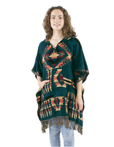 Ancrylic geometric fringed square poncho with hood