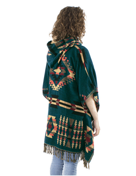 Poncho acrylique carré franges Jacquart géométrique avec capuche