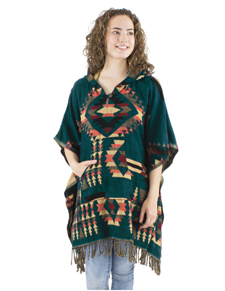 Poncho acrylique carré franges Jacquart géométrique avec capuche
