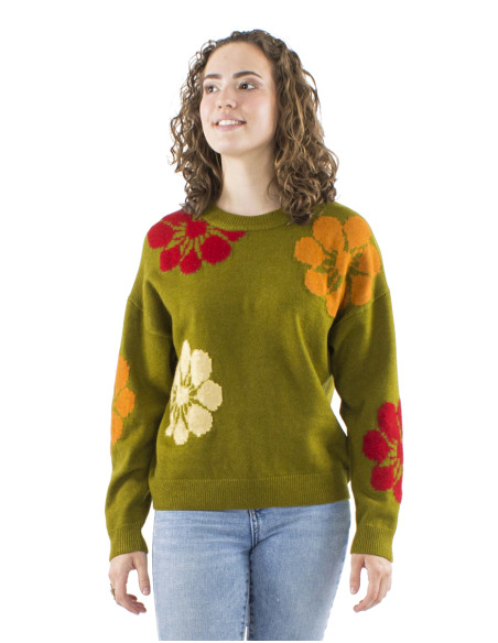 Pull maille polyamide manches longues motif fleur