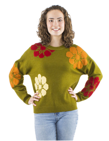Pull maille polyamide manches longues motif fleur