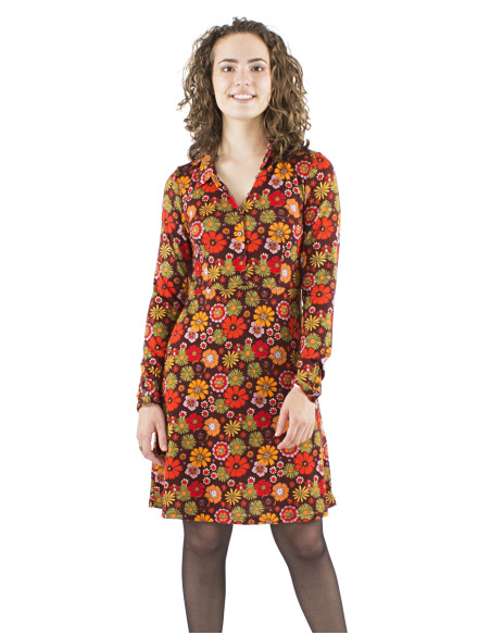 Knitted top buttoned dress with Flower Power print