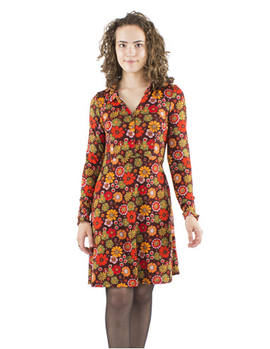 Knitted top buttoned dress with Flower Power print