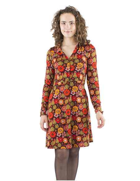 Knitted top buttoned dress with Flower Power print