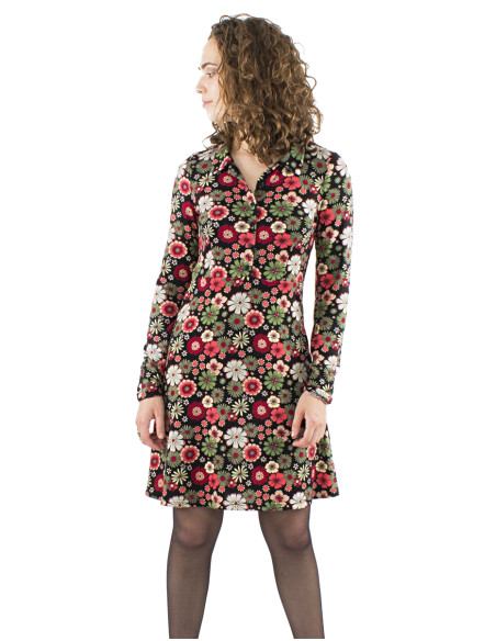 Knitted top buttoned dress with Flower Power print