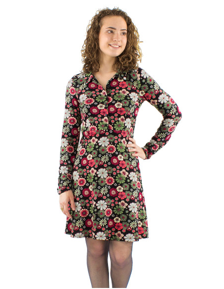 Knitted top buttoned dress with Flower Power print