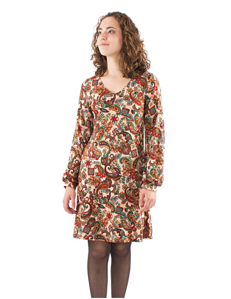 Knitted V-neck dress with long sleeves and Romanesque print