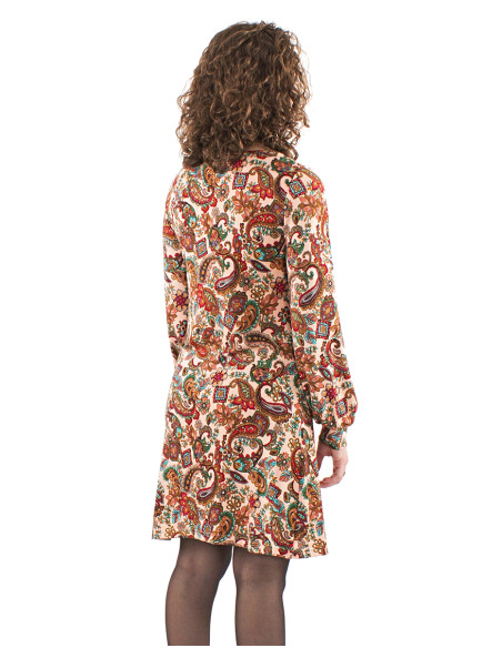 Knitted V-neck dress with long sleeves and Romanesque print