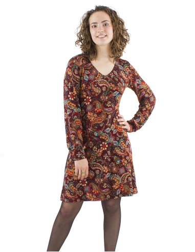 Robe maille col V manches longues imprimé Romanesque