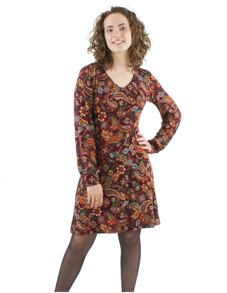 Knitted V-neck dress with long sleeves and Romanesque print