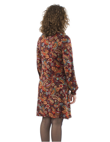 Knitted V-neck dress with long sleeves and Romanesque print