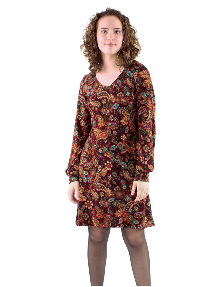 Knitted V-neck dress with long sleeves and Romanesque print