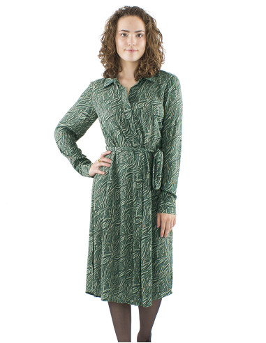 Viscose Crepe buttoned belt dress with long sleeves and Safari print