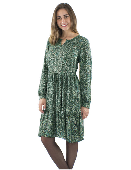 Robe crêpe de viscose col crocheté 4 boutons manches longues imprimé Safari