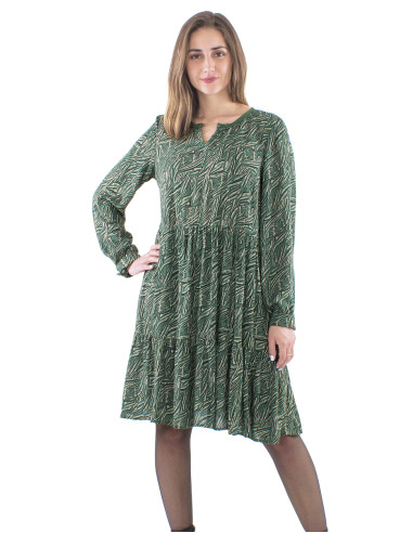 Robe crêpe de viscose col crocheté 4 boutons manches longues imprimé Safari