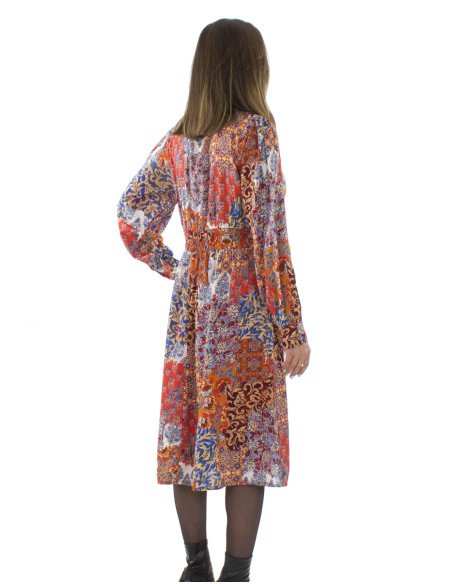 Polyester long sleeves dress with linen and Arta print